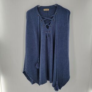 Tera Bora Poncho One Size Blue Soft Knit Gromet Criss Cross Neck Beaded Tassels